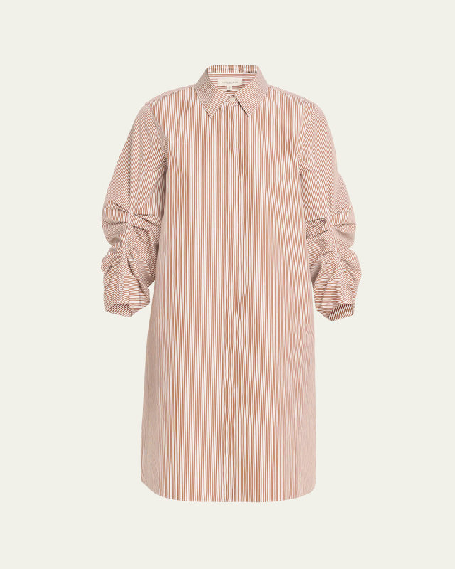 Striped Pleated-Sleeve Midi Shirtdress